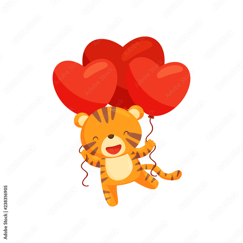 Adorable tiger with red heart-shaped balloons. Wild striped animal. FLat  vector element for Valentine s day postcard Stock Vector | Adobe Stock