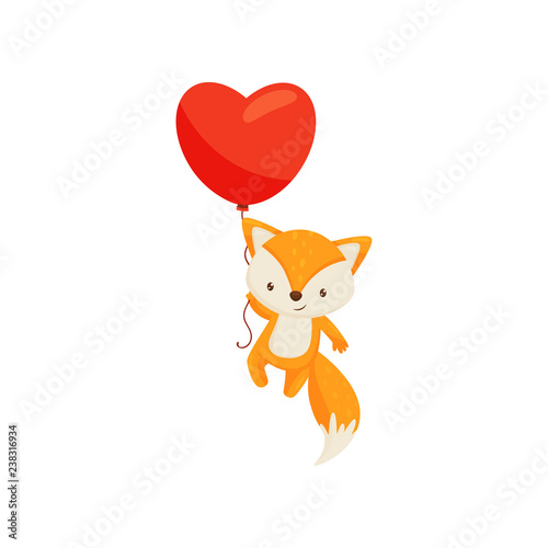 Cute fox flying with bright red heart-shaped balloon. Funny forest animal. Love theme. Flat vector design