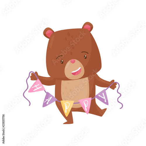 Cute humanized bear holding bunting flags with word Happy . Forest creature. Cartoon character of cheerful wild animal.