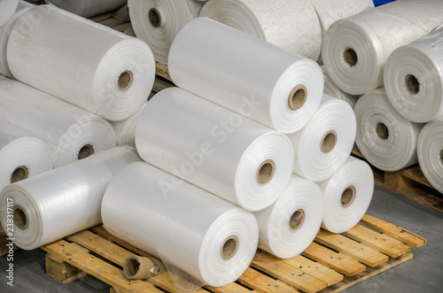 Warehouse with rolls of polyethylene