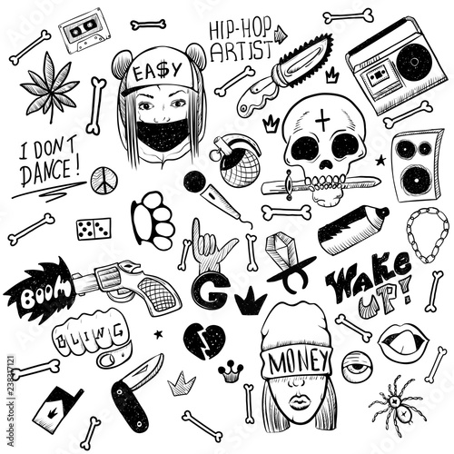 Set of rap music icons. Black isolated hip hop icon set attributes and accessories to create a hip hop style vector illustration