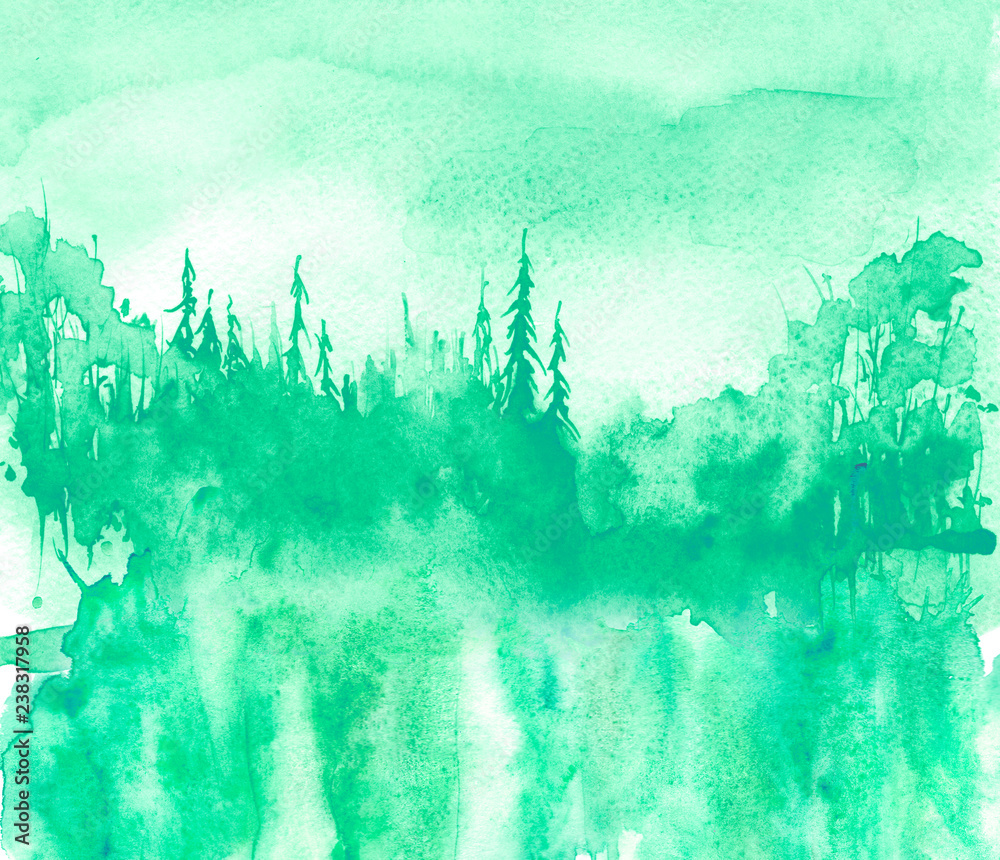 Fototapeta Watercolor landscape.Picture of a pine forest, a green silhouette of trees and bushes.green splash of paint.Abstract splash of paint, fashion illustration. green landscape, forest. Reflection of tree
