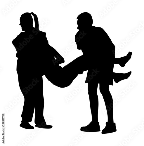 Paramedic rescue patient first aid vector silhouette. Woman in unconscious drowning. Drunk person overdose. Sneak attack victim rescue. CPR rescue team. Victim of fire evacuation. Earthquake rescue. 