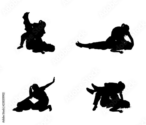 Paramedic rescue patient first aid vector silhouette. Woman in unconscious drowning. Drunk person overdose. Sneak attack victim rescue. CPR rescue team. Victim of fire evacuation. Earthquake rescue. 