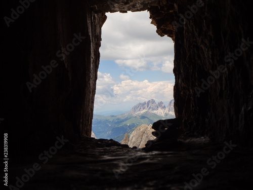 Marmolada  Italy. Panorama on the dolomites from the trenches of the First World War