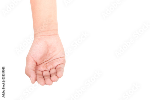 Child's hands holding/offering/giving something or asking/begging for something. ISOLATED ON WHITE BACKGROUND.