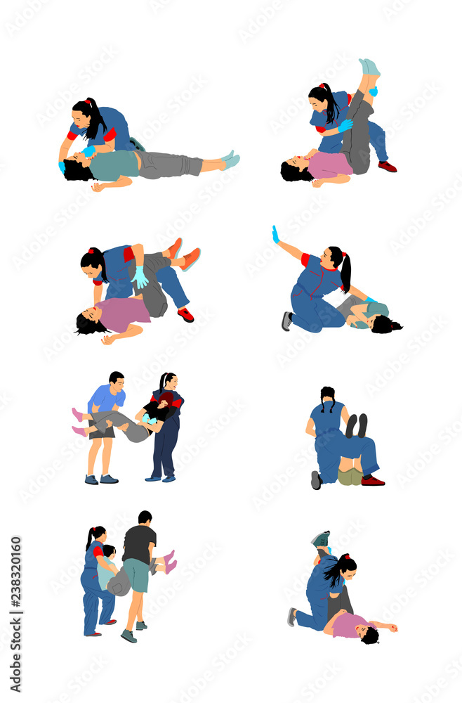 Paramedic rescue patient first aid vector illustration. Woman in unconscious drowning. Drunk person overdose. Sneak attack victim rescue. CPR rescue team. Victim of fire evacuation. Earthquake rescue 