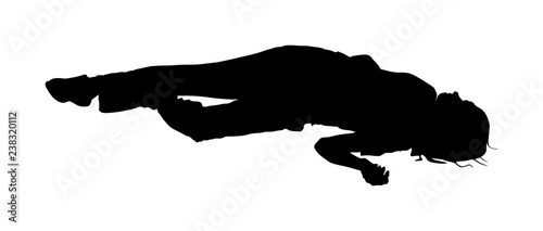 Dead girl lying on the sidewalk vector silhouette. Drunk girl unconscious after party. Patient women rescue. Drugged person overdose. Sick teenager. Injured lady after car crush accident. First aid.