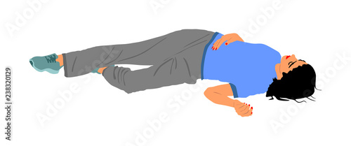 Dead girl lying on the sidewalk vector illustration. Drunk girl unconscious after party. Patient women rescue. Drugged person overdose. Sick teenager. Injured lady after car crush accident. First aid.