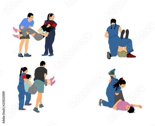 Paramedic rescue patient first aid vector illustration. Woman in unconscious drowning. Drunk person overdose. Sneak attack victim rescue. CPR rescue team. Victim of fire evacuation. Earthquake rescue 