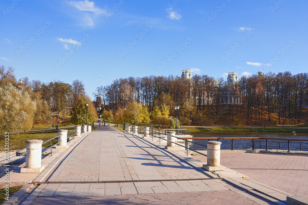 Bridge and dam of the upper Tsaritsyno pond In the Tsaritsyno national Park, Moscow, Russia.
