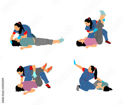 Paramedic rescue patient first aid vector illustration. Woman in unconscious drowning. Drunk person overdose. Sneak attack victim rescue. CPR rescue team. Victim of fire evacuation. Earthquake rescue 