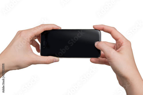 Hands holding mobile smart phone on white background