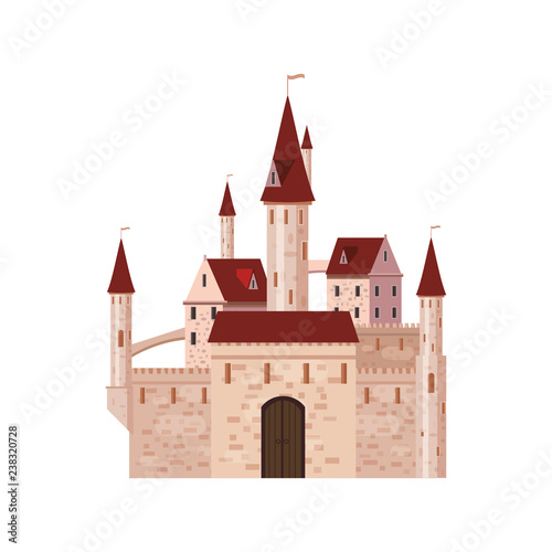 Castle, fortress, ancient, architecture middle ages Europe, Medieval palace with high towers and conical roofs, vector, banners, isolated, illustration, cartoon style