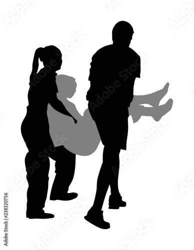 Paramedic rescue patient first aid vector silhouette. Woman in unconscious drowning. Drunk person overdose. Sneak attack victim rescue. CPR rescue team. Victim of fire evacuation. Earthquake rescue. 