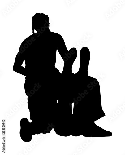 Paramedic rescue patient first aid vector silhouette. Woman in unconscious drowning. Drunk person overdose. Sneak attack victim rescue. CPR rescue team. Victim of fire evacuation. Earthquake rescue. 
