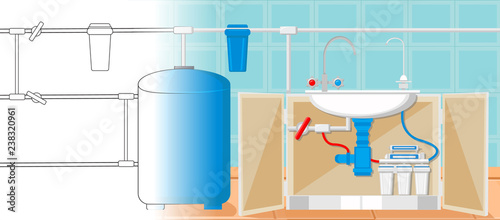 Water Treatment in Kitchen Concept. Vector.