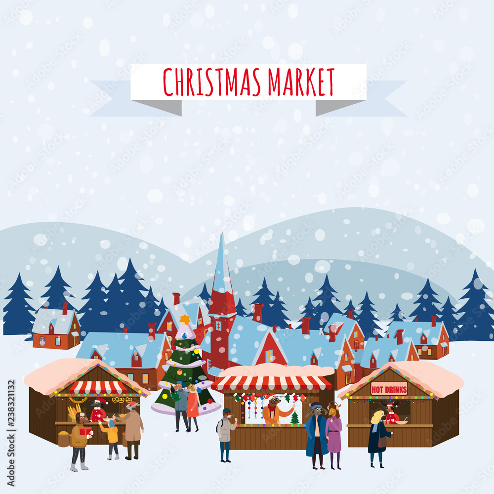 Christmas Fair, Market on town Anthropomorphic Set of animals in human winter clothes coats, jackets, shoes, slippers, Bear, cat, deer, horse, rabbit, hare, fox, elk, winter, snow. Vector, flat style