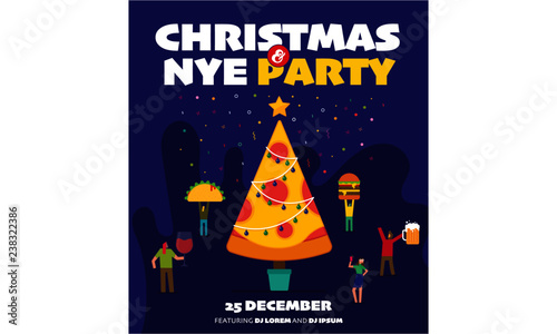 Christmas and New Year Party vector poster template. Poster for entrance to the party. Modern elegant illustration template. Vector illustration of people, food and wine. Food People Party 