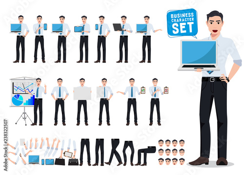 Male business person vector character creation set with young professional man holding laptop showing computer screen in different posture for business presentation. Vector illustration.
