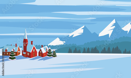 Winter landscape, cartoon minimal style. Horizon, panorama, snow-covered trees, village, mountains, ate, pine. Vector, illustration, isolated, template, poster, banner
