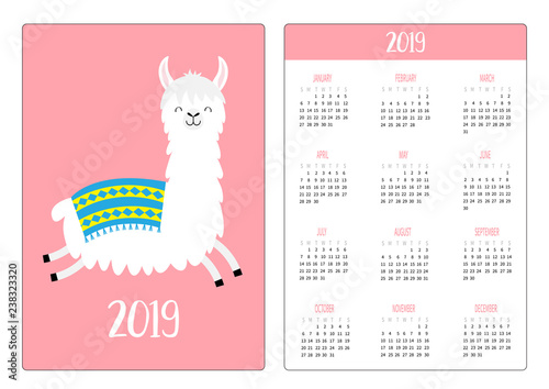 Cute alpaca llama running. Simple pocket calendar layout 2019 new year. Week starts Sunday. Vertical orientation. Cartoon kawaii funny baby character. Flat design. Violet background.