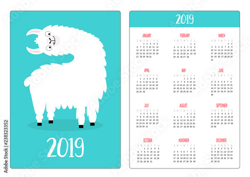 Alpaca llama turning head. Simple pocket calendar layout 2019 new year. Week starts Sunday. Vertical orientation. Cute cartoon kawaii funny baby character. Flat design. Blue background.