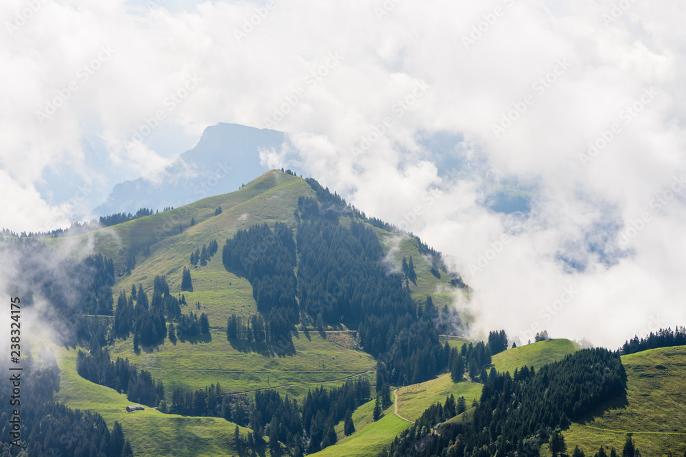 Naklejka premium Alpine view of Rigi mountain range terrain on a cloudy day with clouds touching ground in Central Switzerland