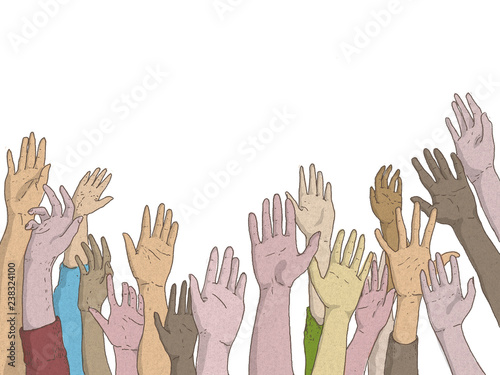 Mani di uomini e donne alzate in richiesta di aiuto o segnalare la presenza photo