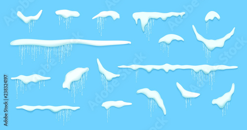 Set of isolated snow cap. Vector template with Snowy elements for your design. Realistic snowdrifts and icicles.