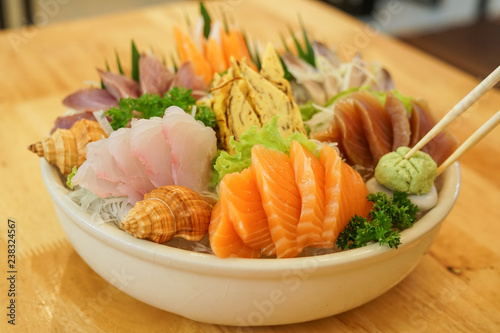 Mixed Sashimi set in Japanese restaurant. Japanese food, selective focus