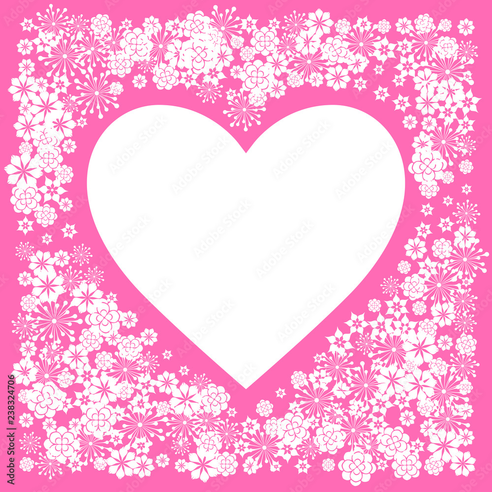 Valentines Day greeting card with flowers. Heart shape frame. Pink vector background