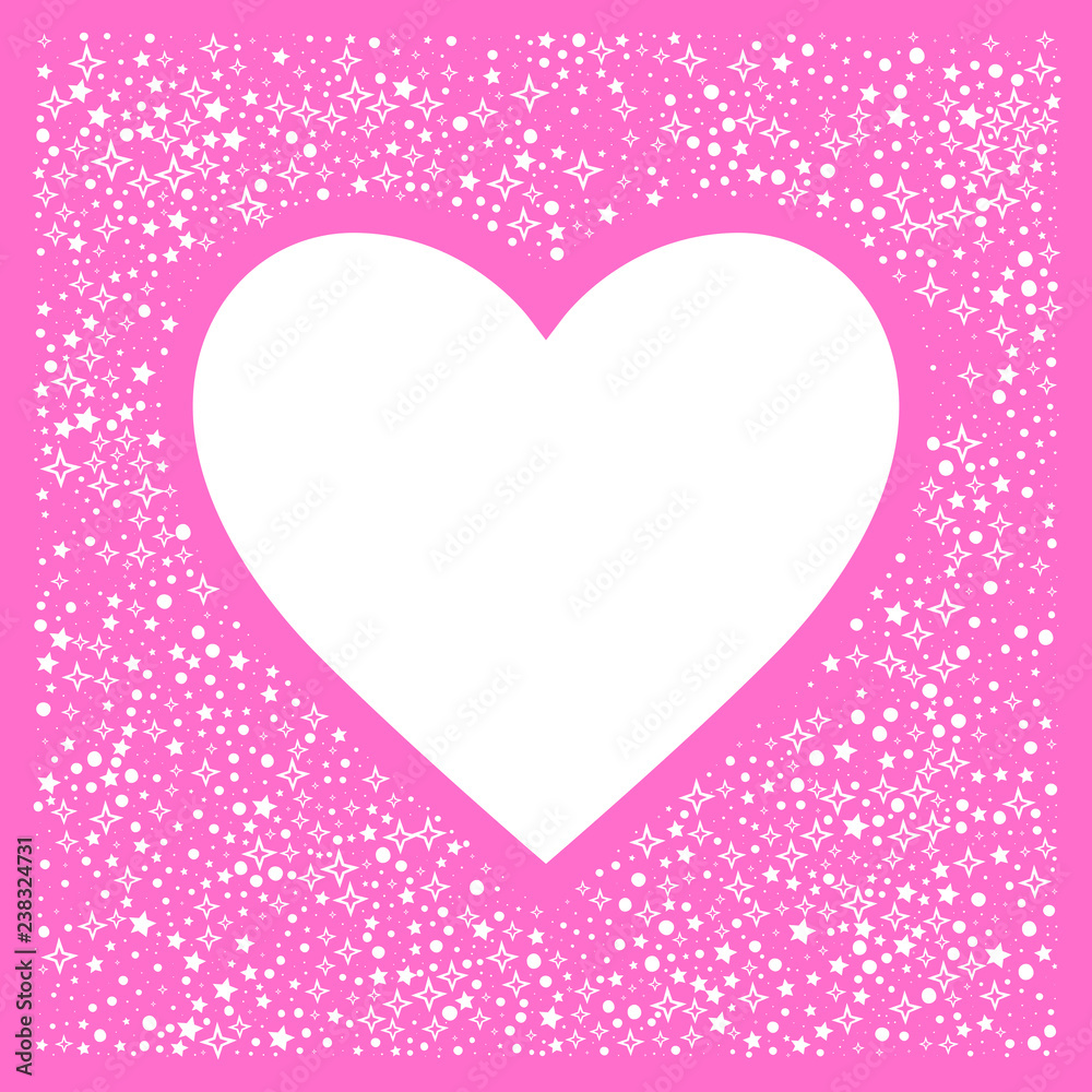 Valentines Day greeting card with stars. Heart shape frame. Pink vector background