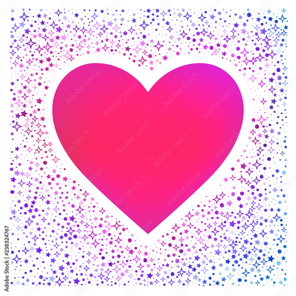 Valentines Day greeting card with stars. Heart shape frame. White background with stars. Pink vector background