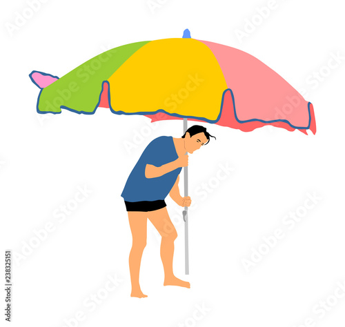 Father preparing place on beach for family and kids. Traveler man on beach stick parasol in sand vector. Alone boy sunbathing by sea. Weekend relaxing outdoor.  Tourist summer time enjoy. Skin care.