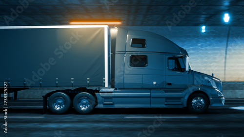 Trailer truck rides through tunnel warm yellow light 3d rendering
