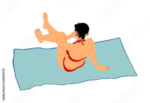 Sexy suntan beach woman sunbathing in fashion bikini. Beautiful fit body relaxing. Weight loss or skin care sun protection concept. Vector illustration isolated on white background.