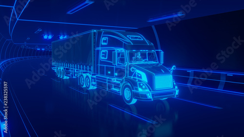 Blue glowing Trailer Truck rides through Blue tunnel 3d rendering