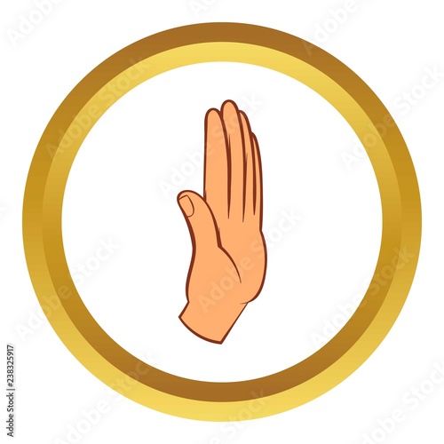 Stop gesture vector icon in golden circle, cartoon style isolated on white background