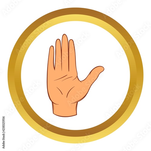 Stop gesture vector icon in golden circle, cartoon style isolated on white background