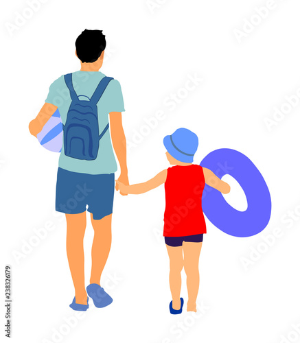 Father and  son go to swimming and sunbathing. Happy family enjoying on beach vector illustration. Family beach day. Child hand holding dad. Summer kids fun recreation. Boy with swim ring slag protect