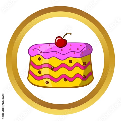 Cake vector icon in golden circle, cartoon style isolated on white background
