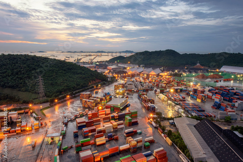 Aerial view industrial port with containers import export business concept for commercial background