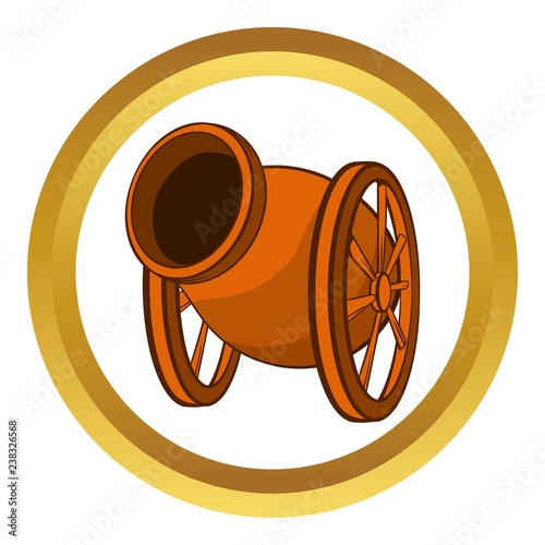 Medieval cannon vector icon in golden circle, cartoon style isolated on white background