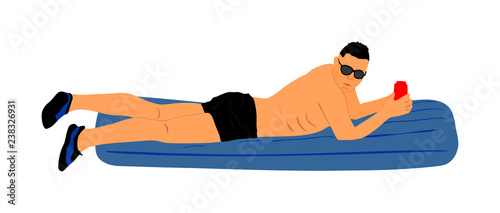 Young man floating on a mattress vector illustration. Sunbathing on the beach. Handsome man with air pool mattress. Sunny summer day. Boy enjoy outdoor with cold drink.
