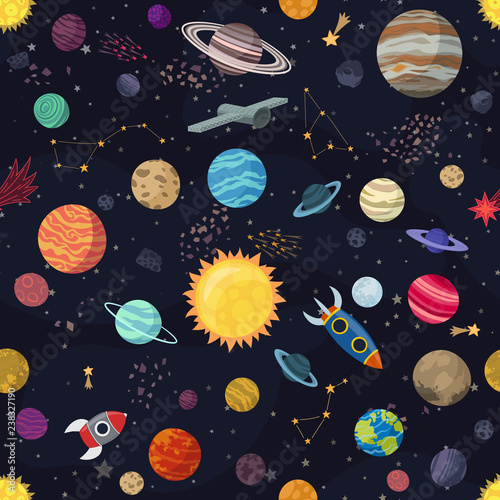 Carton seamless space with planets and spaceships. Vector Illustration