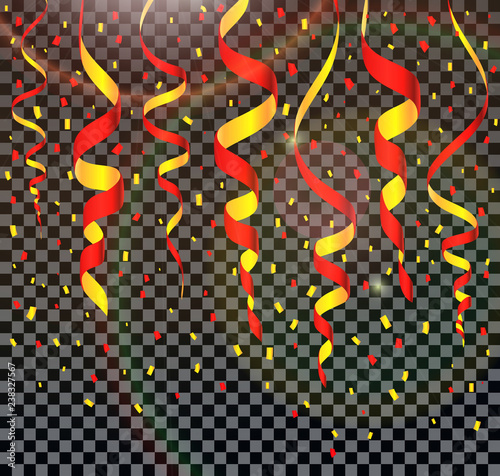 Falling shiny streamers and confetti isolated on transparent background. Birthday, Christmas or Happy New Year confetti vector illustration