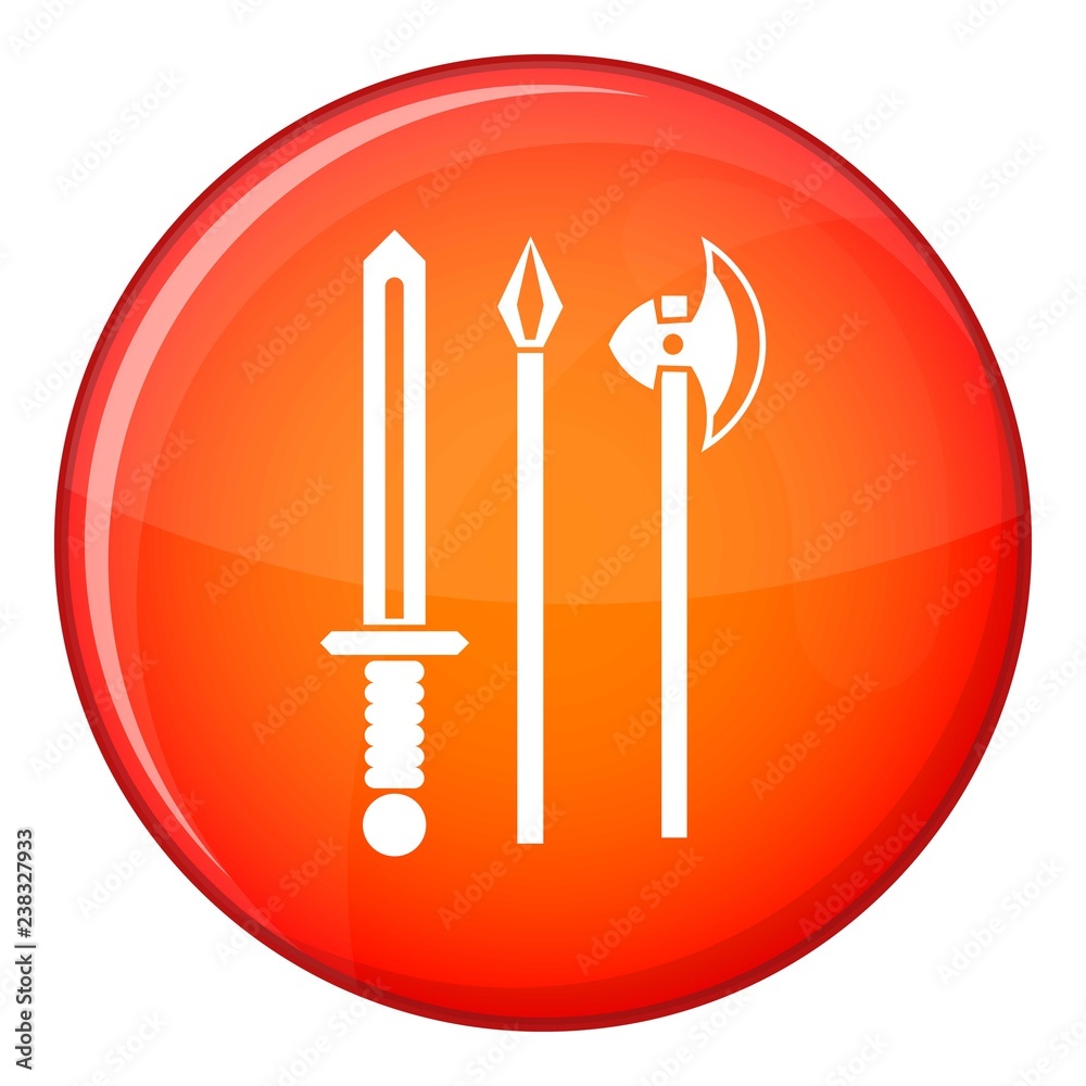Ancient weapon sword, pick and axe icon in red circle isolated on white background vector illustration Ancient weapon sword, pick and axe icon in red circle isolated on white background vector illustration