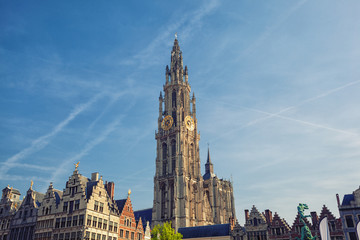 Tableau sur plexiglas Anvers Tour gothique cathédrale Notre-Dame Anvers ciel bleu  © phant