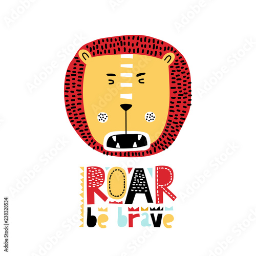 Cute cartoon lion in scandinavian style. Vector Illustration. Can be used print print for t-shirts, home decor, posters, cards. Danger lion.